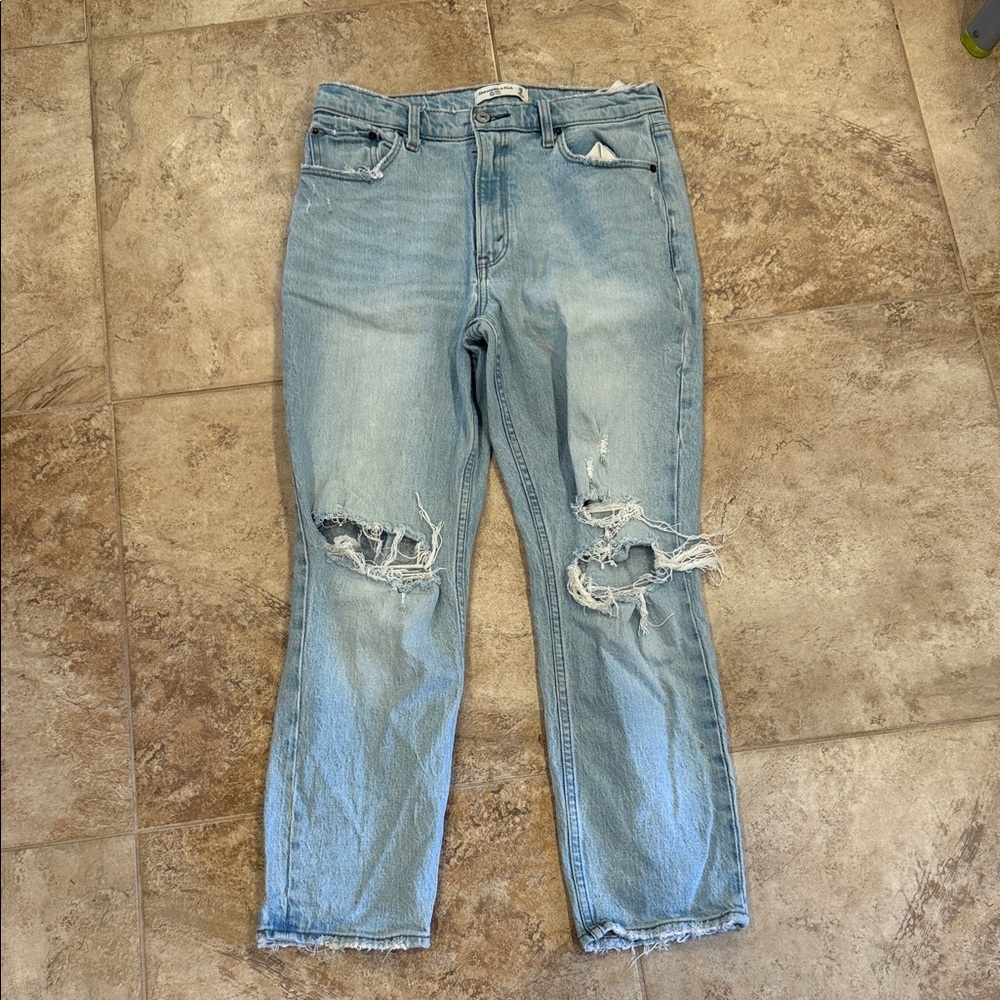 Abercrombie & Fitch Light Blue Distressed High Rise Mom Jeans